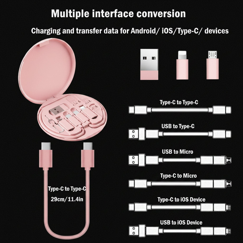60W Multi Type-C to USB C to Micro USB to Lighting Fast Charging Phone Cable Kit for Iphone 14 13 15 Pro Data Cable Storage Box